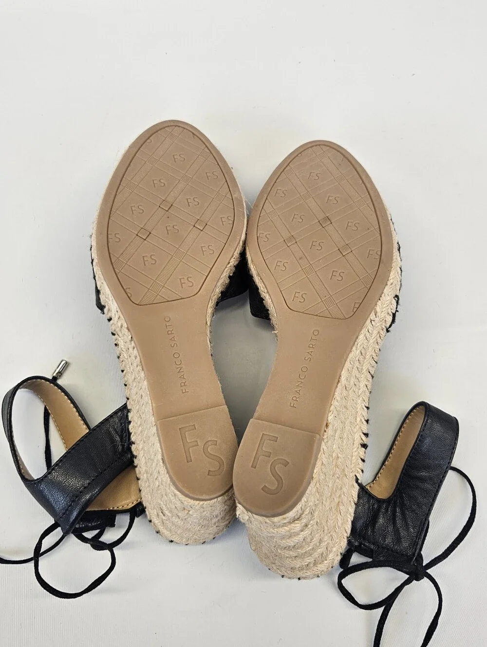 Franco Sarto Black Mariska Leather Espadrille Wedge Sandals Womens Ankle Tie 9